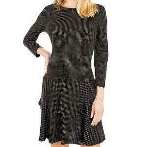 Michael Kors Metallic Dot Flounce Double Tier Dress 3/4 Sleeve Black Gold Size S